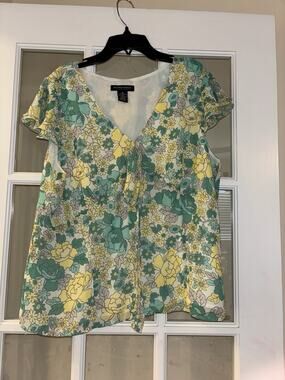 Goodclothes women’s blue yellow floral blouse short sleeve tie front size 16